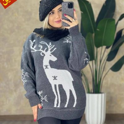 ✴️بافت یقه گرد قواره دار گرم بالا طرح گوزن✴️ کد10254 فروش عمده پوشاک