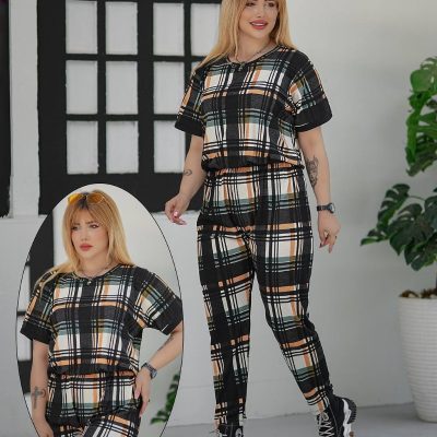 ست بلوز کیمونو و شلوار چهار خونه حصیری  فروش عمده پوشاک