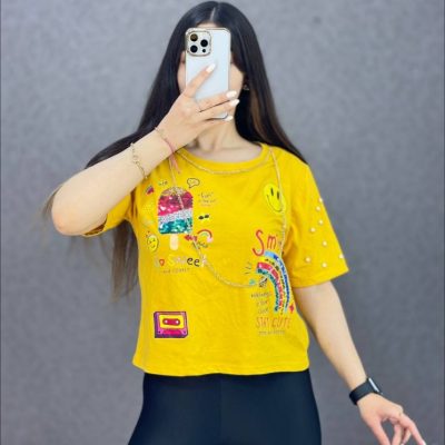 ????کراپ-سوپر-پنبه-آستین-مروارید-زنجیری???? کد7781 فروش عمده پوشاک