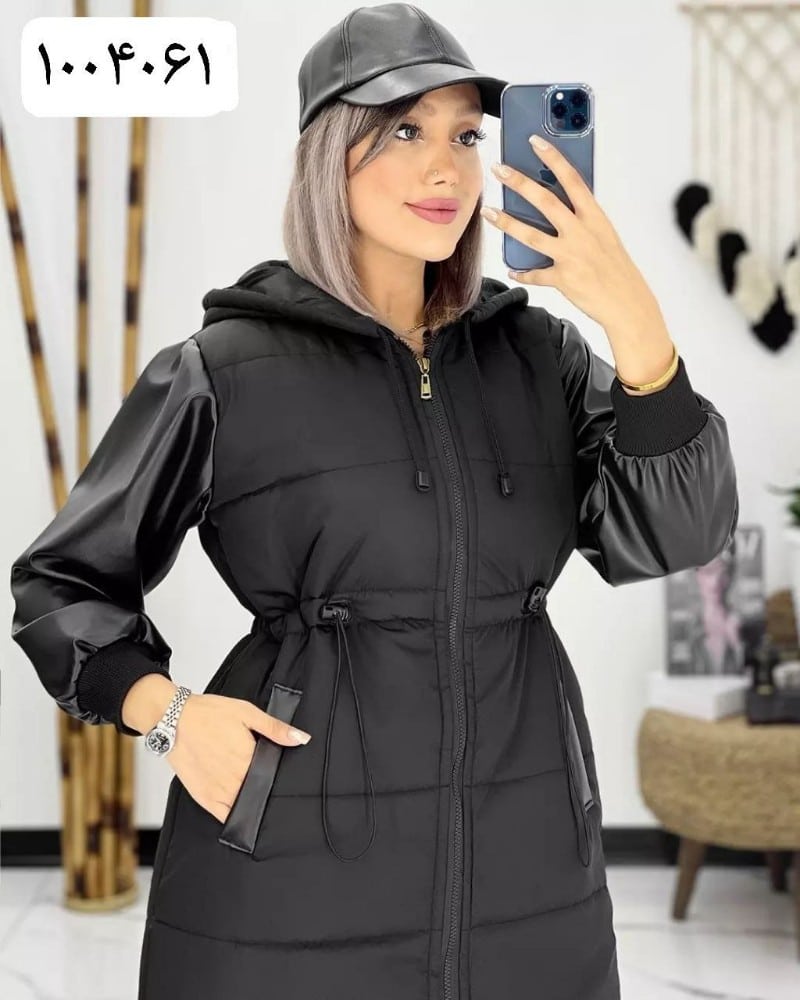 خرید عمده کاپشن بلند کمرگت دار میکرو کجراه آستین چرم تیرکمونی