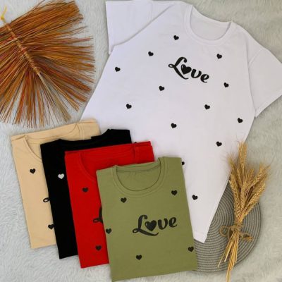 فروش عمده تیشرت پنبه زنانه چاپ Love - تاپ و تیشرت زنانه عمده