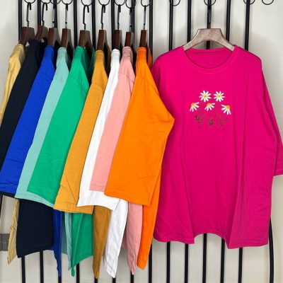 فروش عمده تیشرت لانگ گلدوزی زنانه پنبه - تاپ و تیشرت زنانه عمده