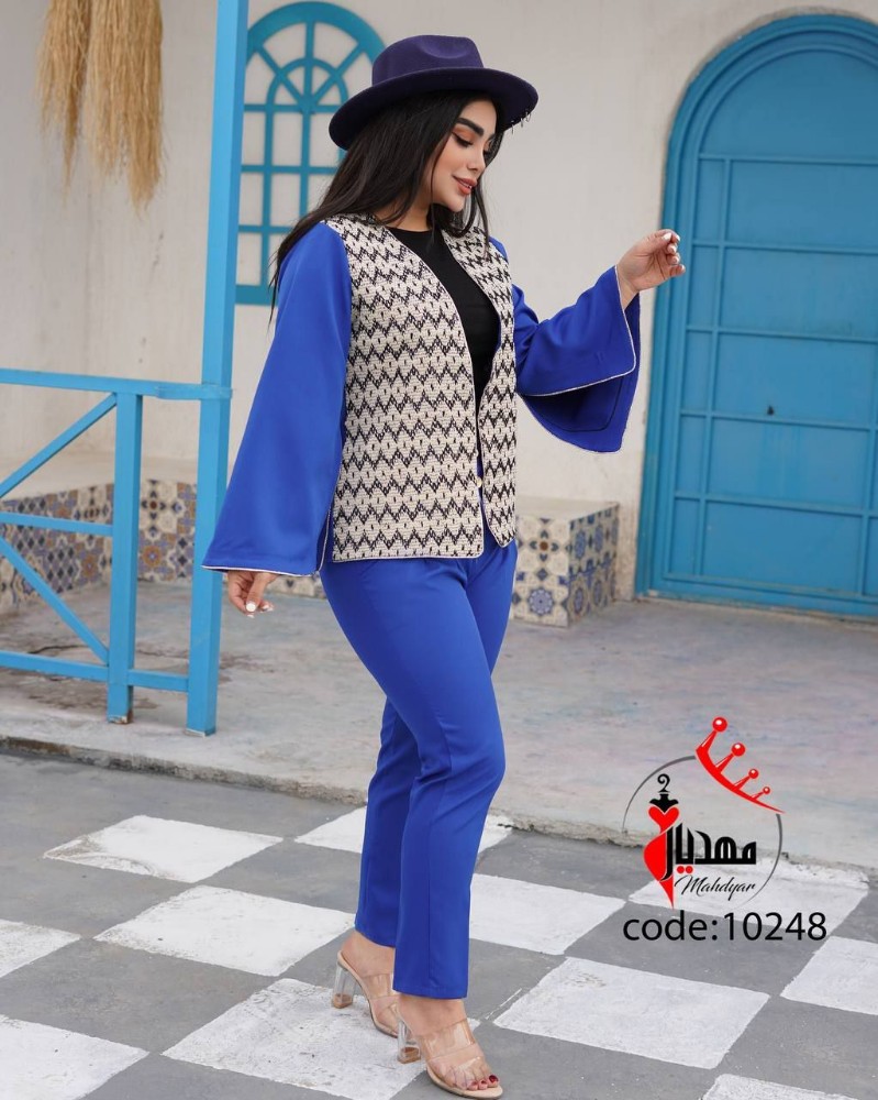 خرید عمده کت شلوار زنانه خرجکار هندی ابی - کت و شلوار زنانه عمده