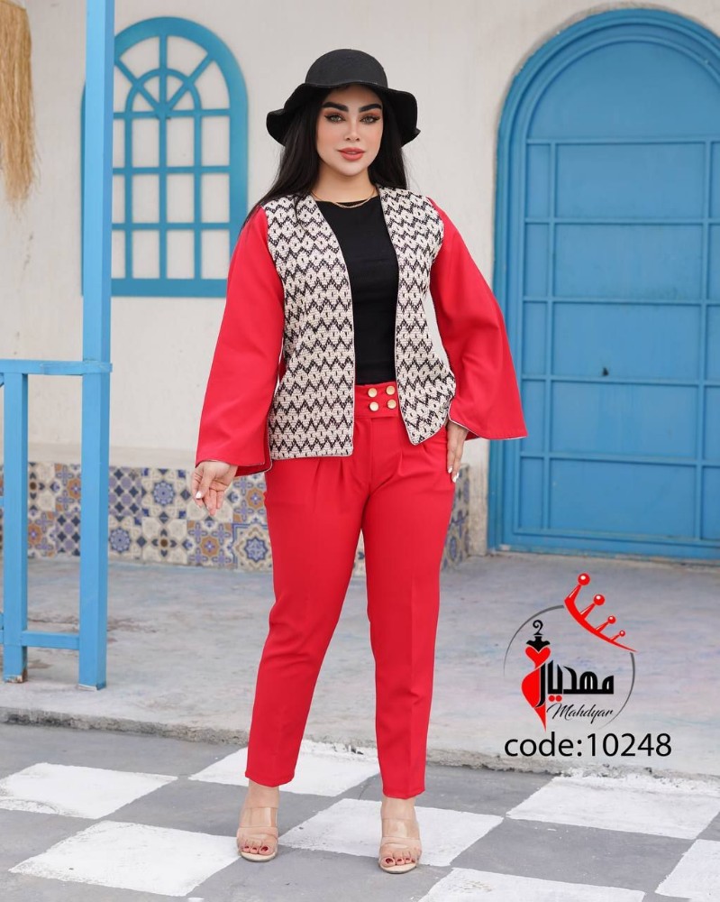 خرید عمده کت شلوار زنانه خرجکار هندی قرمز - کت و شلوار زنانه عمده