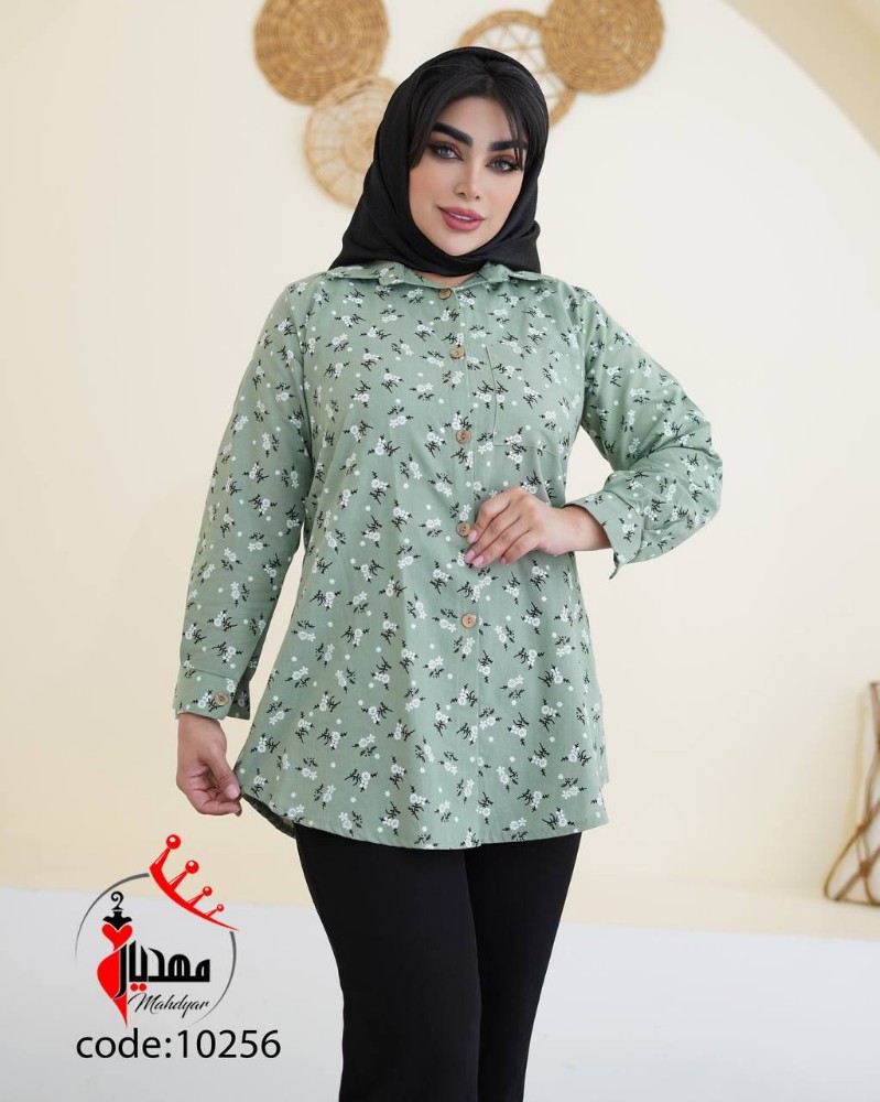 خرید عمده تونیک یقه پیراهنی لنین گل گچی - تونیک زنانه عمده