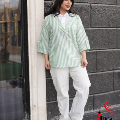 خرید عمده شومیز یقه سفید راه راه - شومیز زنانه عمده