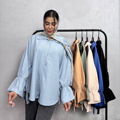 خرید عمده ️شومیز جلو دکمه آستین عروسکی صوفیا ️ کد6807 - شومیز زنانه عمده