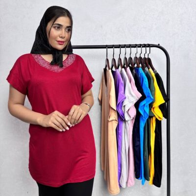 خرید عمده ️تیشرت یقه هفت نگین دار ویسکوز صددرصد گرم بالا ️ کد00610 - تاپ و تیشرت زنانه عمده