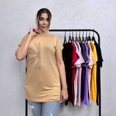 فروش عمده ✴️تیشرت آستین سرخود قواره دار نگینی ویسکوز صددرصد✴ - تاپ و تیشرت زنانه عمده
