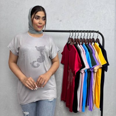 فروش عمده ✴️تیشرت آستین سرخود قواره دار نگینی ویسکوز صددرصد✴ - تاپ و تیشرت زنانه عمده