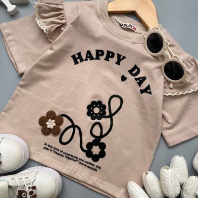 فروش عمده تیشرت تک دخترانه چیندار happy - تاپ و تیشرت دخترانه عمده