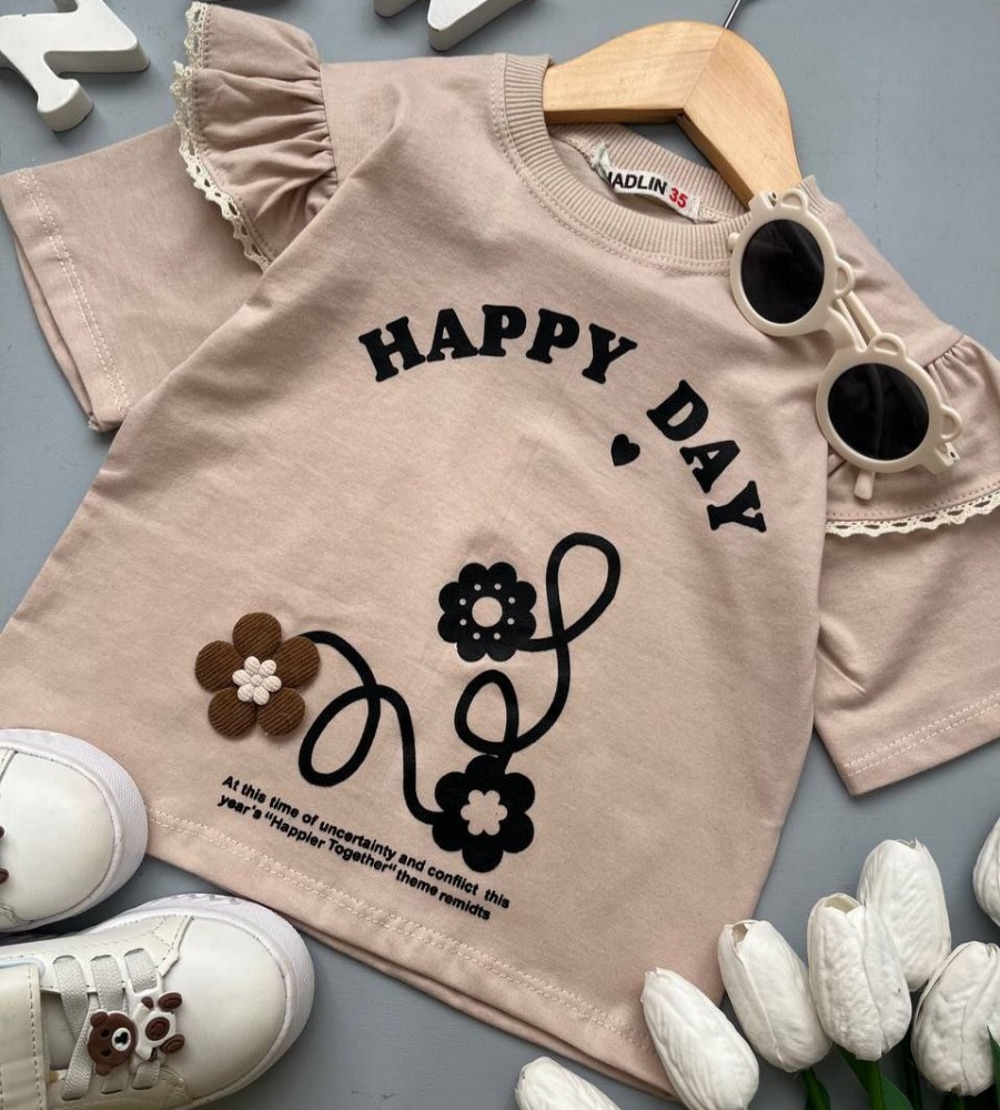 فروش عمده تیشرت تک دخترانه چیندار happy - تاپ و تیشرت دخترانه عمده