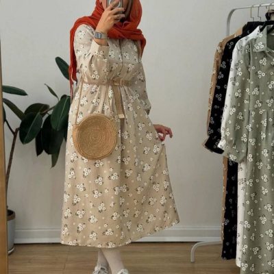 فروش عمده مانتو کفتان زنانه نخی گل گچی - مانتو زنانه عمده