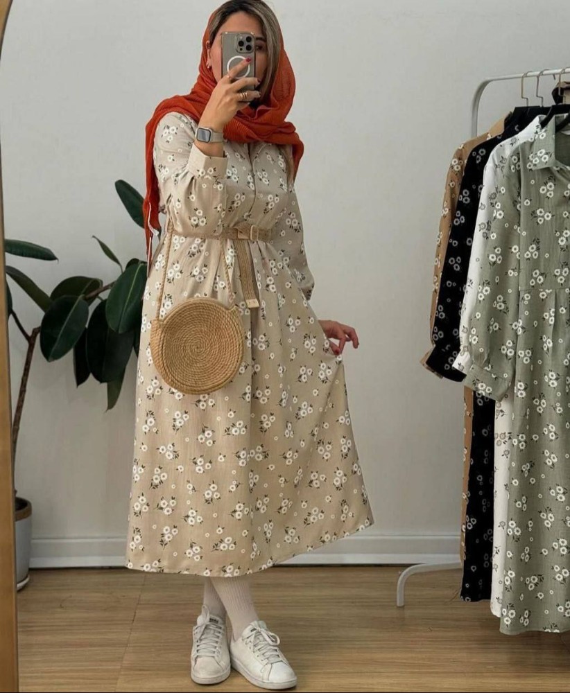 فروش عمده مانتو کفتان زنانه نخی گل گچی - مانتو زنانه عمده