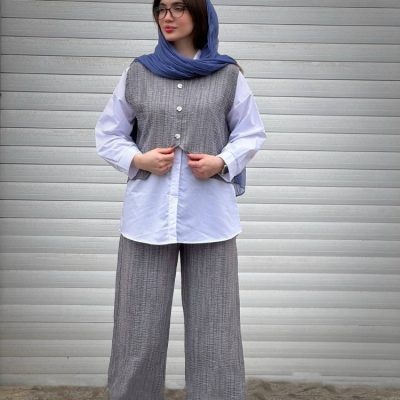 خرید عمده ️ست سه تیکه دکمه دار صوفیا ️ کد5318 - شومیز زنانه عمده