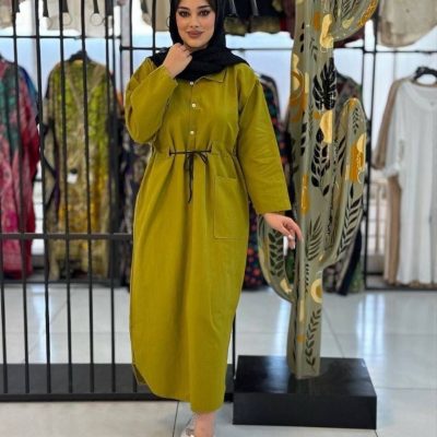 خرید عمده کفتان دکمه دار تک جیب کمربندی لینن - مانتو زنانه عمده