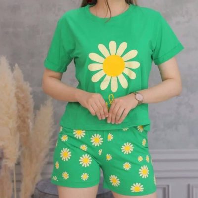 خرید عمده ست کراپ شورتک بابونه پنبه لاکرا - ست تاب شلوارک زنانه عمده