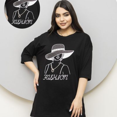 خرید عمده تیشرت لانگ چاپی سوپر نخ پنبه مشکی - تاپ و تیشرت زنانه عمده