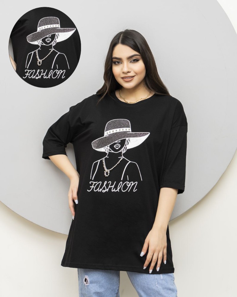 خرید عمده تیشرت لانگ چاپی سوپر نخ پنبه مشکی - تاپ و تیشرت زنانه عمده