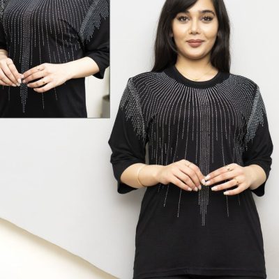 خرید عمده بلوز نگینی ویسکوز صددرصد مشکی - تاپ و تیشرت زنانه عمده