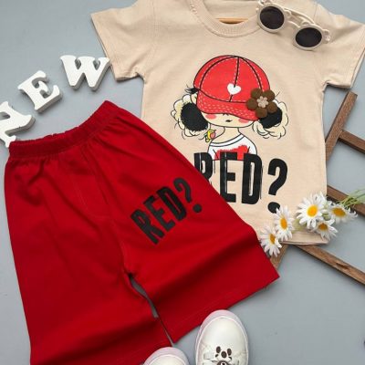 فروش عمده ست تیشرت شلوارک دخترانه RED - ست تیشرت شلوارک دخترانه عمده