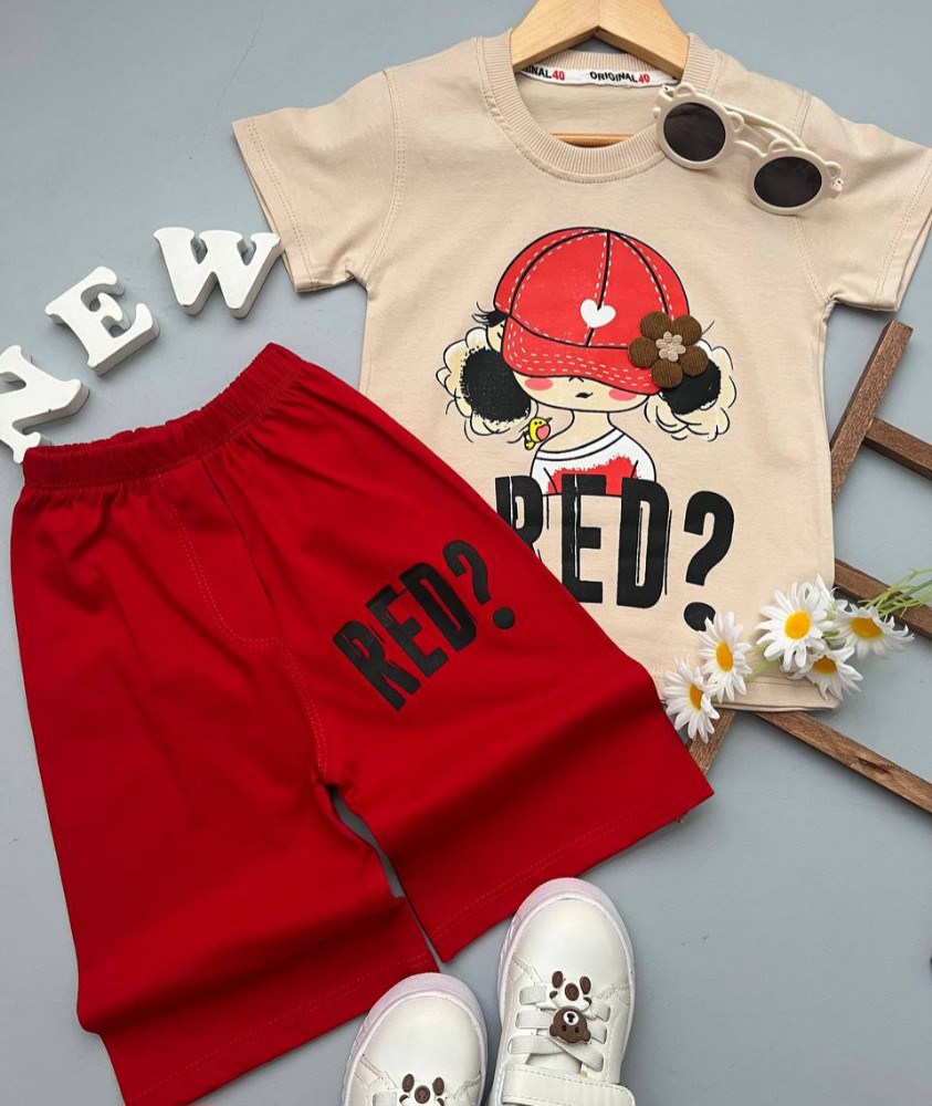 فروش عمده ست تیشرت شلوارک دخترانه RED - ست تیشرت شلوارک دخترانه عمده