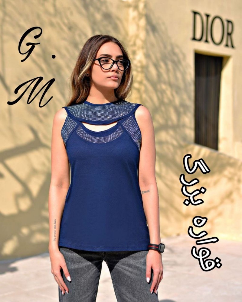 خرید عمده تاپ یقه دلبری نگین کار شده - تاپ و تیشرت زنانه عمده