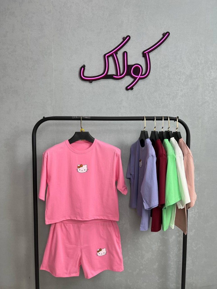 فروش عمده ✴️ست کراپ شورتک چاپ کیتی سوپر پنبه درجه یک✴️ - ست تاب شلوارک زنانه عمده
