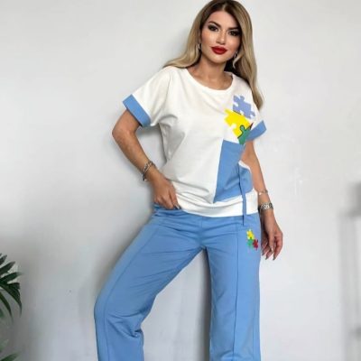 خرید عمده ست تیشرت شلوار پازل - ست تیشرت شلوار زنانه عمده