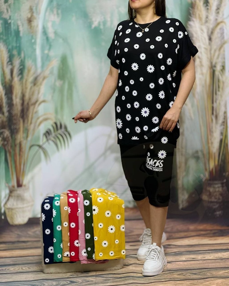 ست تیشرت شلوارک قواره دار کد 135445 - خرید ست تاب شلوارک زنانه عمده