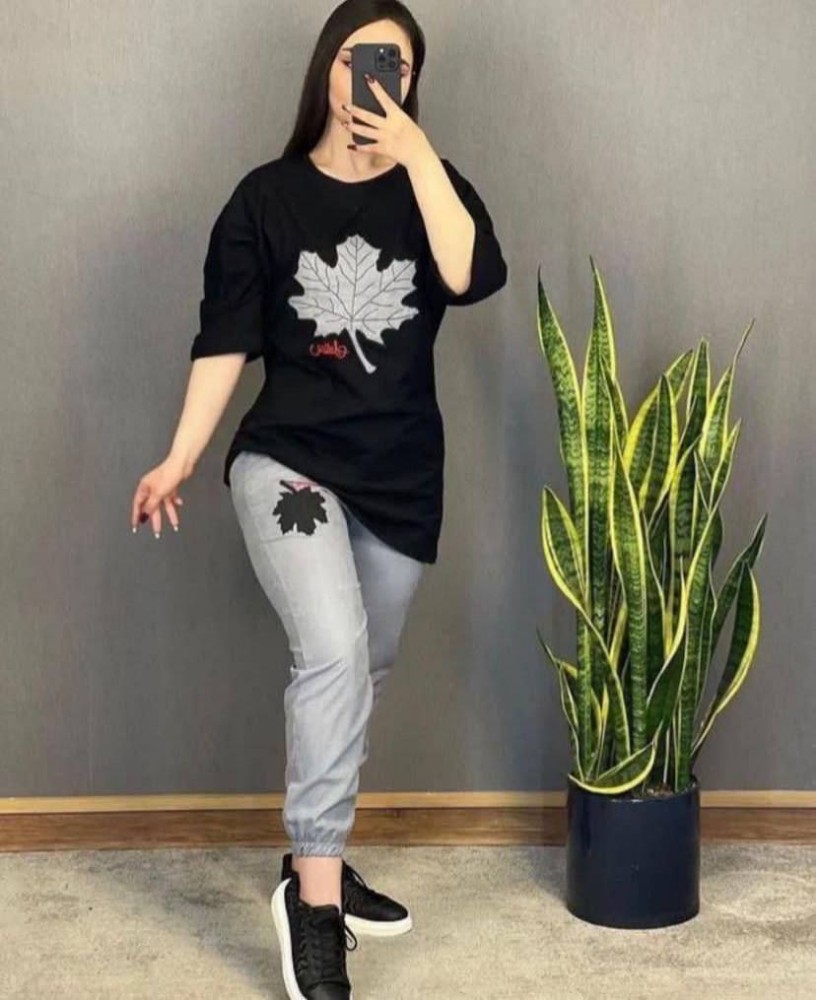 ست تیشرت شلوار برگ کد 135523 - خرید ست تیشرت شلوار زنانه عمده