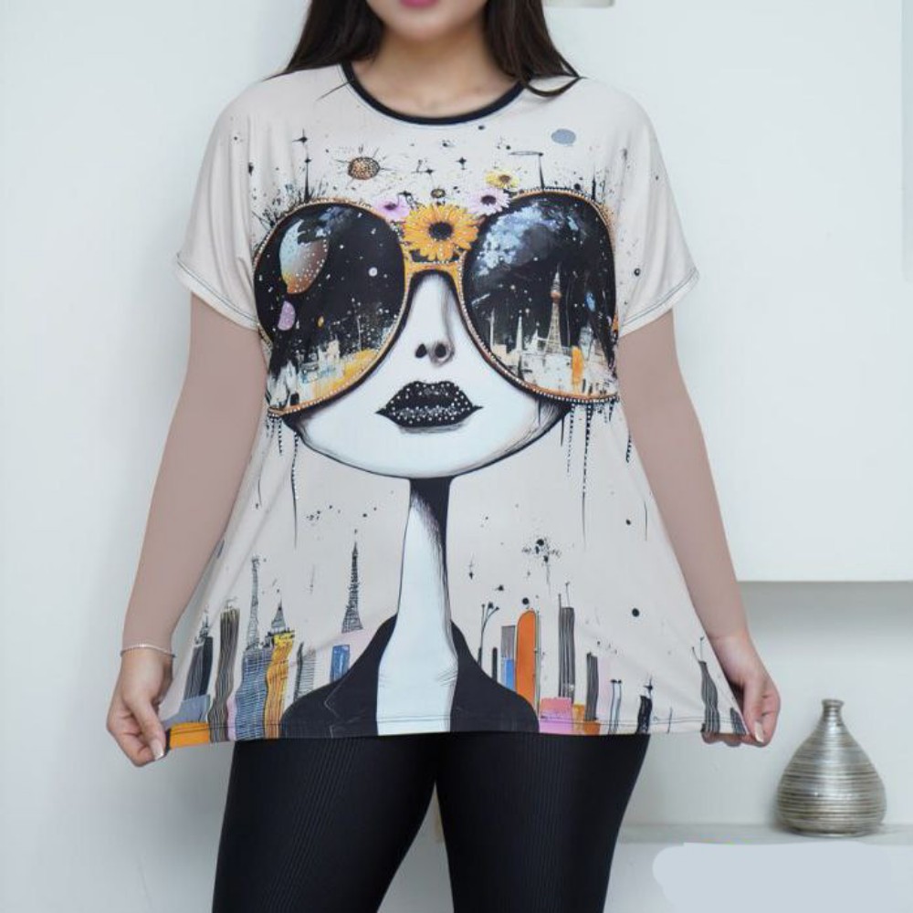 فروش عمده تیشرت زنانه چاپی طرح دختر عینکی کد 133252