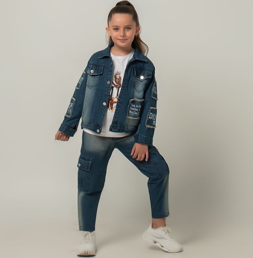 ست سه تیکه کت شلوار لی دخترانه کد 134419 - خرید ست کت شلوار دخترانه عمده