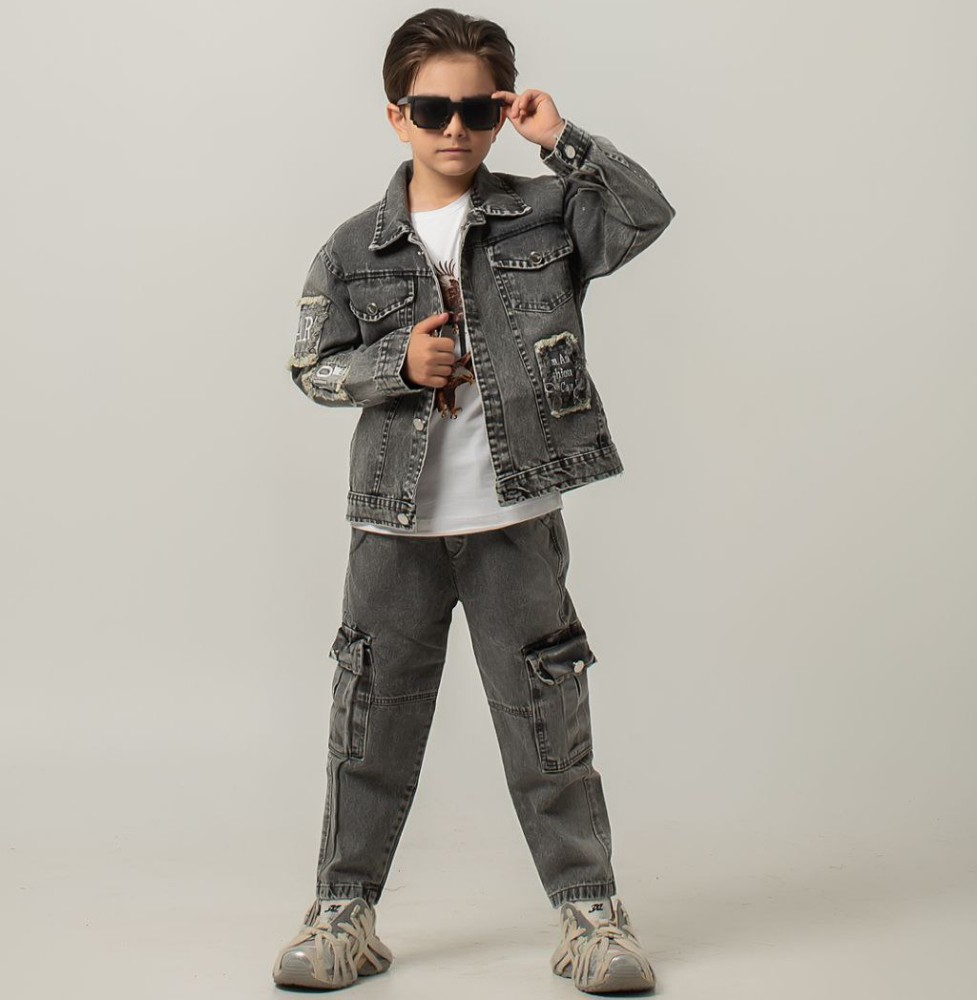 ست سه تیکه کت شلوار لی پسرانه کد 134422 - خرید ست کت شلوار پسرانه عمده