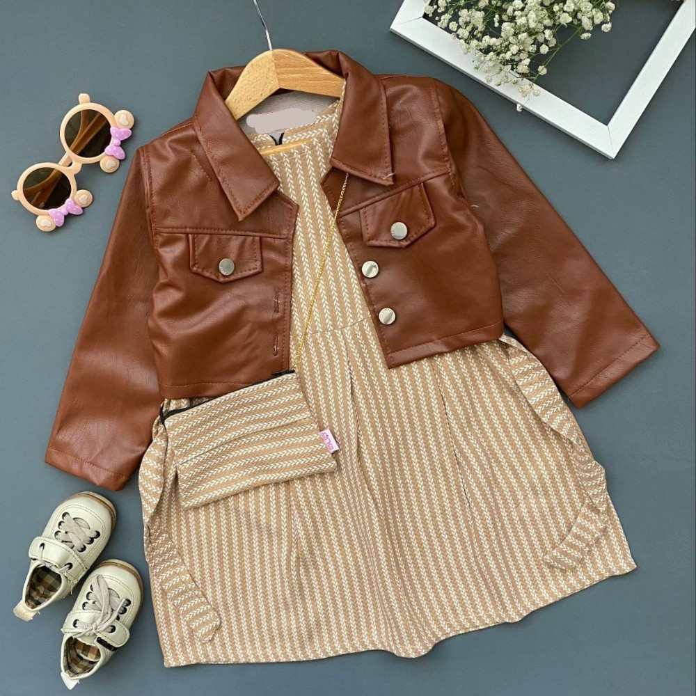 ست سه تیکه سارافون کت چرم کیف دخترانه کد 134425 - خرید ست کت شلوار دخترانه عمده