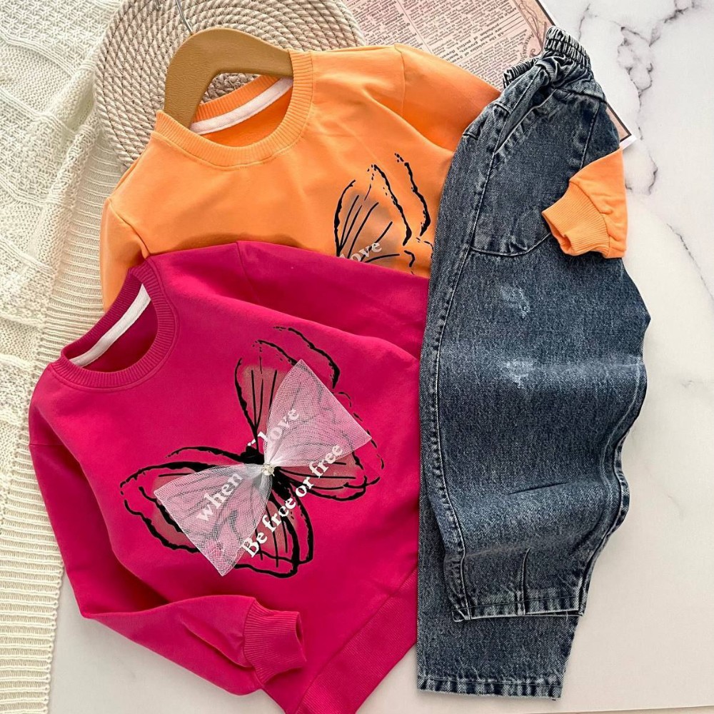 ست بلوز شلوار لی دخترانه پاپیون کد 135198 - خرید ست بلوز شلوار دخترانه عمده