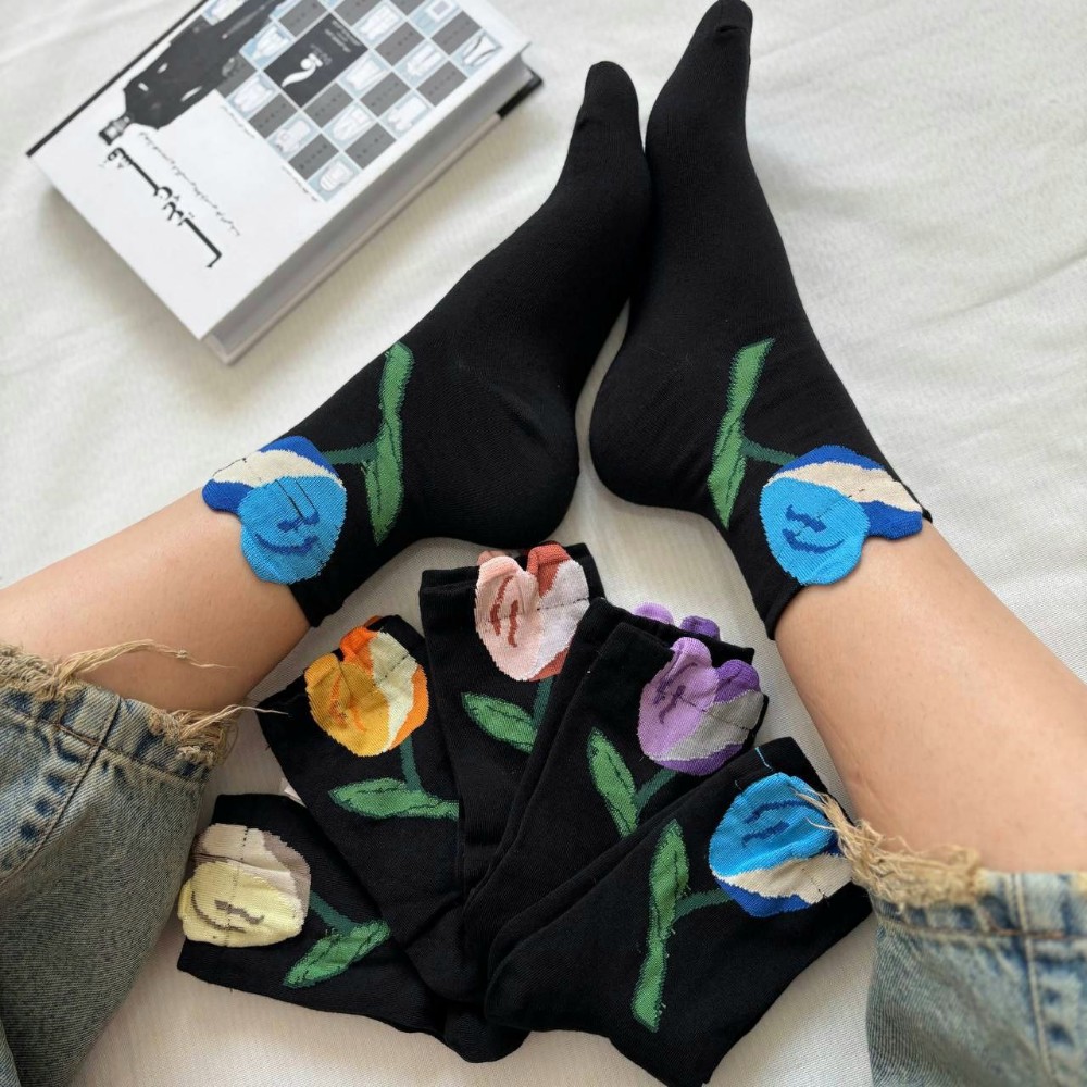 فروش عمده جوراب زنانه ساقدار مشکی گل لاله خارجی کد 133211