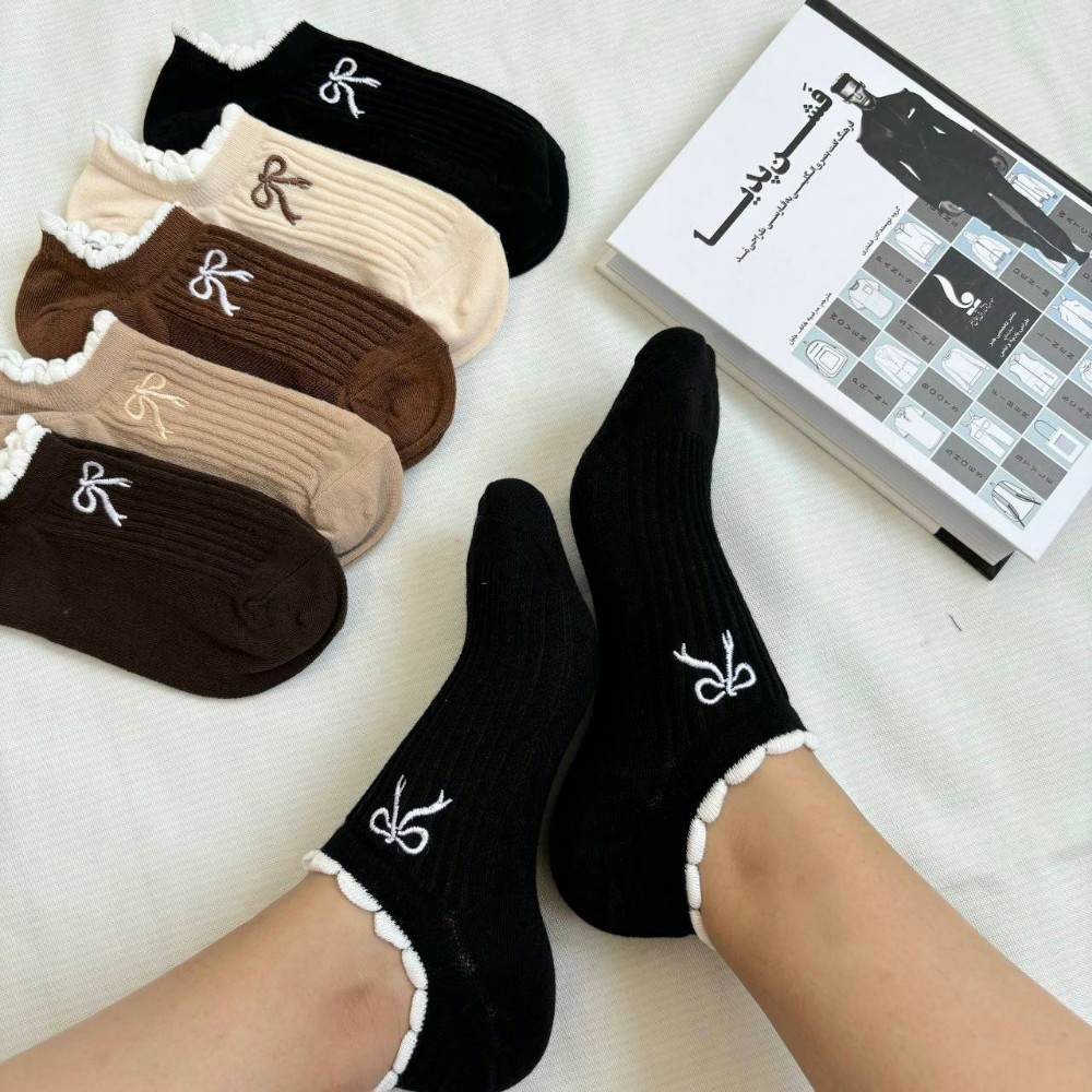 جوراب زنانه مچی لب کنگره گلدوزی پاپیون خارجی کد 133800 - خرید جوراب زنانه عمده