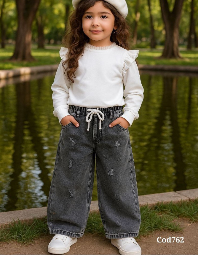 شلوار لی بگ دخترانه کمر کش کد 134284 - خرید شلوار دخترانه عمده