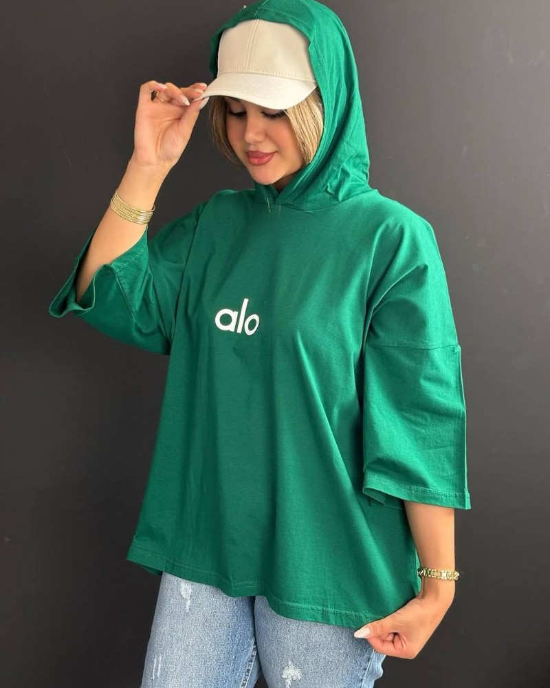 تیشرت باکسی کلاهدار alo کد 133978 - خرید تاپ و تیشرت زنانه عمده