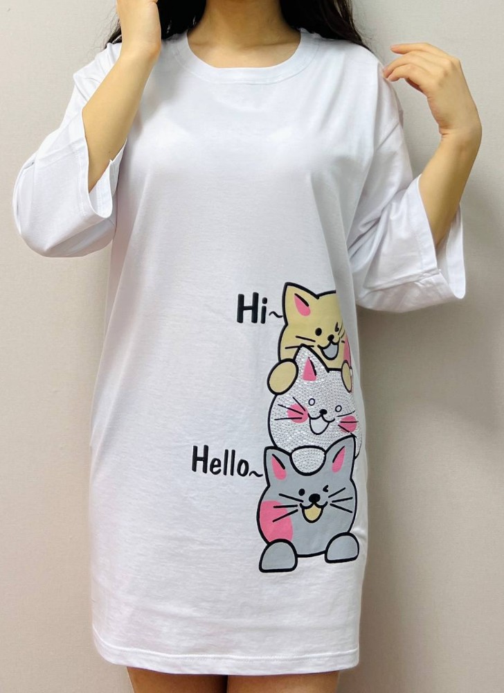 نیم لانگ چاپ و نگین گربه کد 135800 - خرید تاپ و تیشرت زنانه عمده