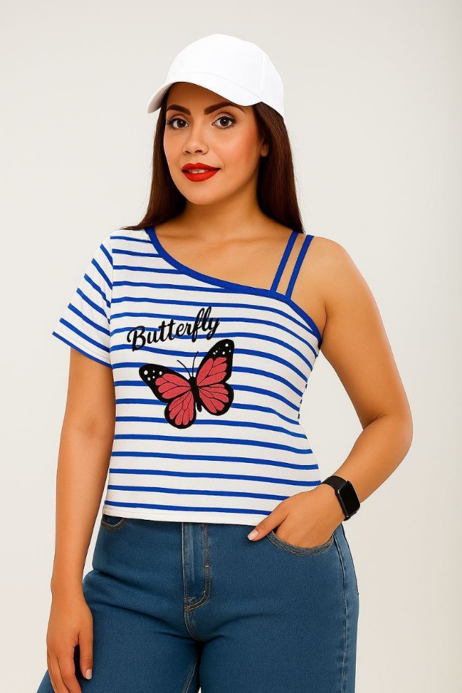 کراپ رومی چاپ پروانه ای کد 135807 - خرید تاپ و تیشرت زنانه عمده