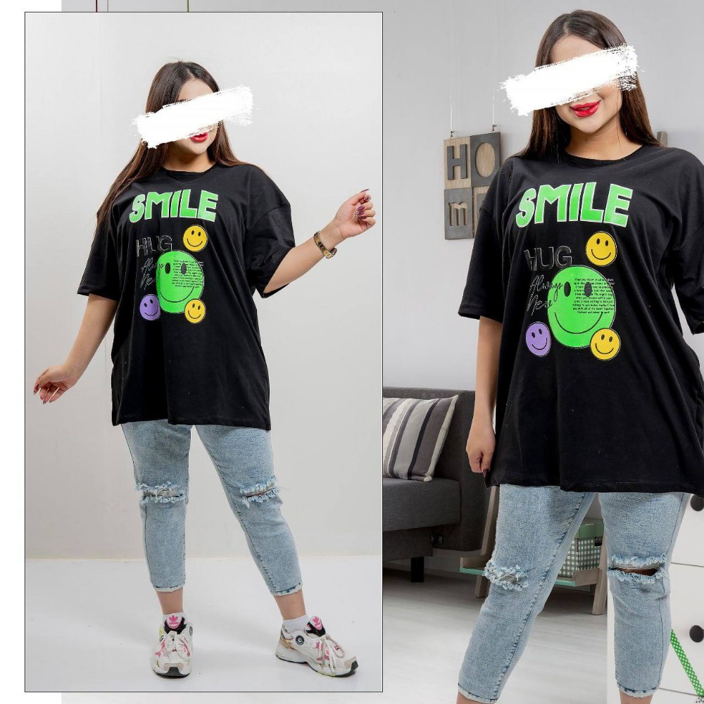 تیشرت لانگ چاپ استیکر کد 136466 - خرید تاپ و تیشرت زنانه عمده