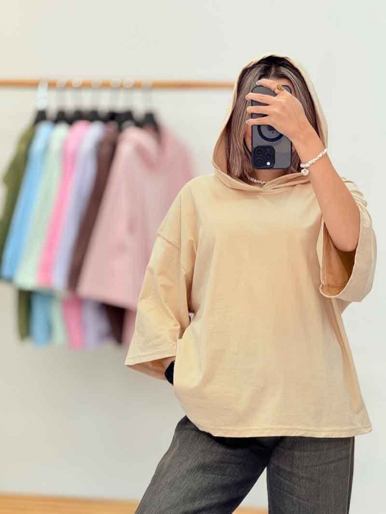 تیشرت باکسی کلاهدارساده کد 137036 - خرید تاپ و تیشرت زنانه عمده