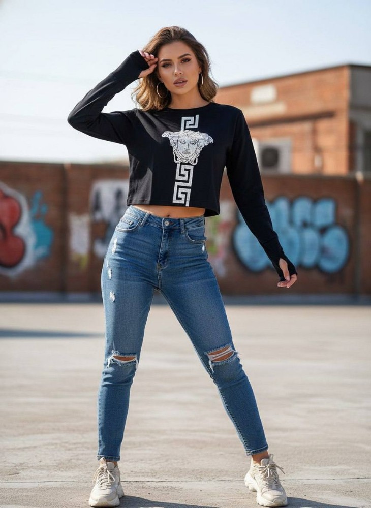 کراپ استین فینگری چاپ نگین کد 137702 - خرید بلوز تک زنانه عمده