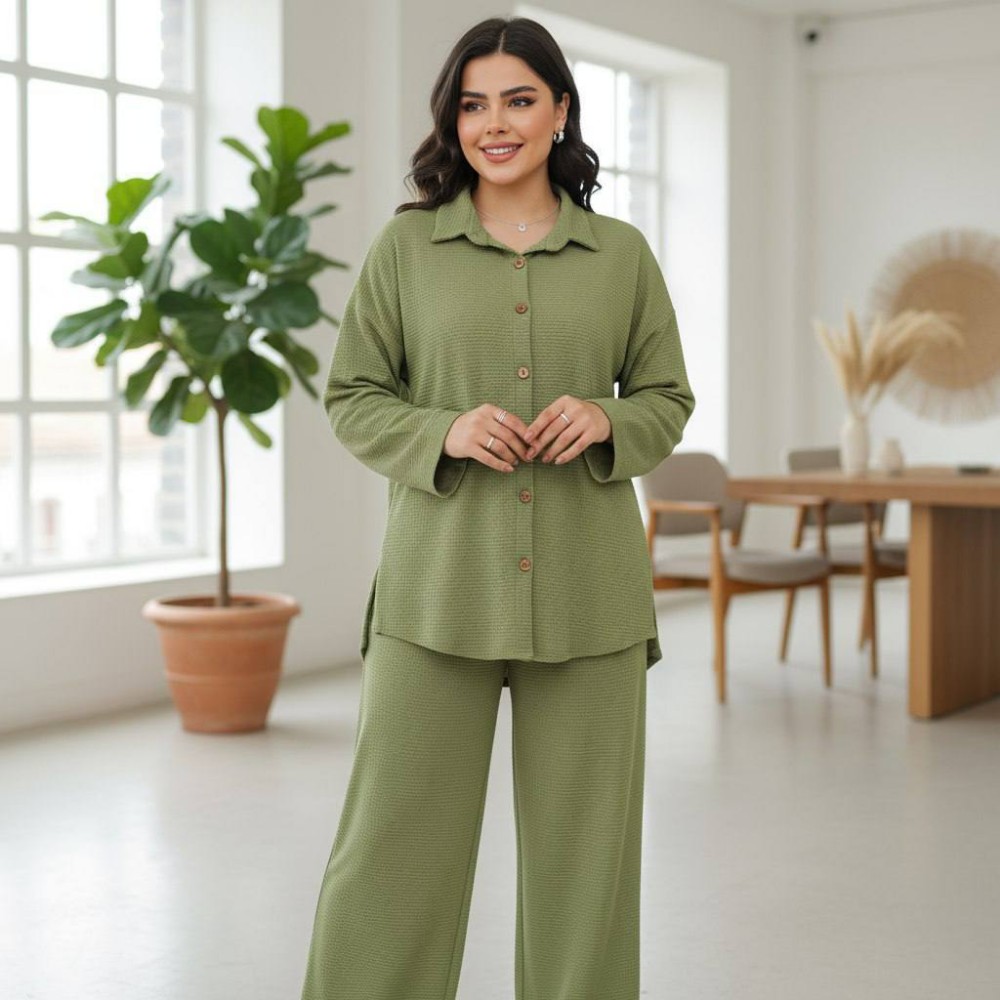 ست بلوز شلوار دکمه دار کد 137123 - خرید ست تیشرت شلوار زنانه عمده