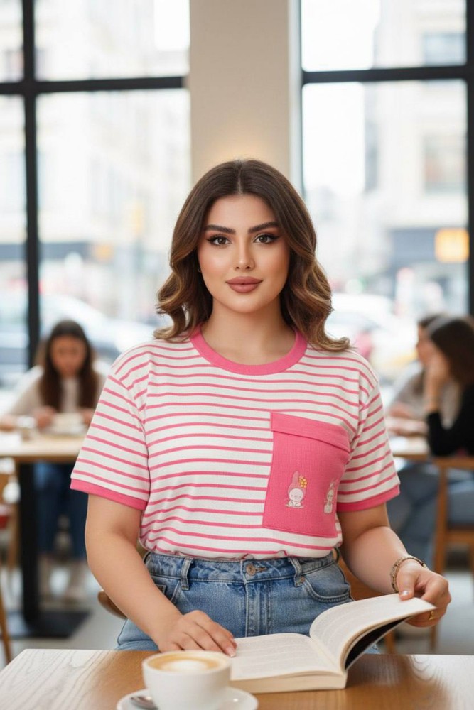 تیشرت نیم استین راه راه کد 137376 - خرید تاپ و تیشرت زنانه عمده