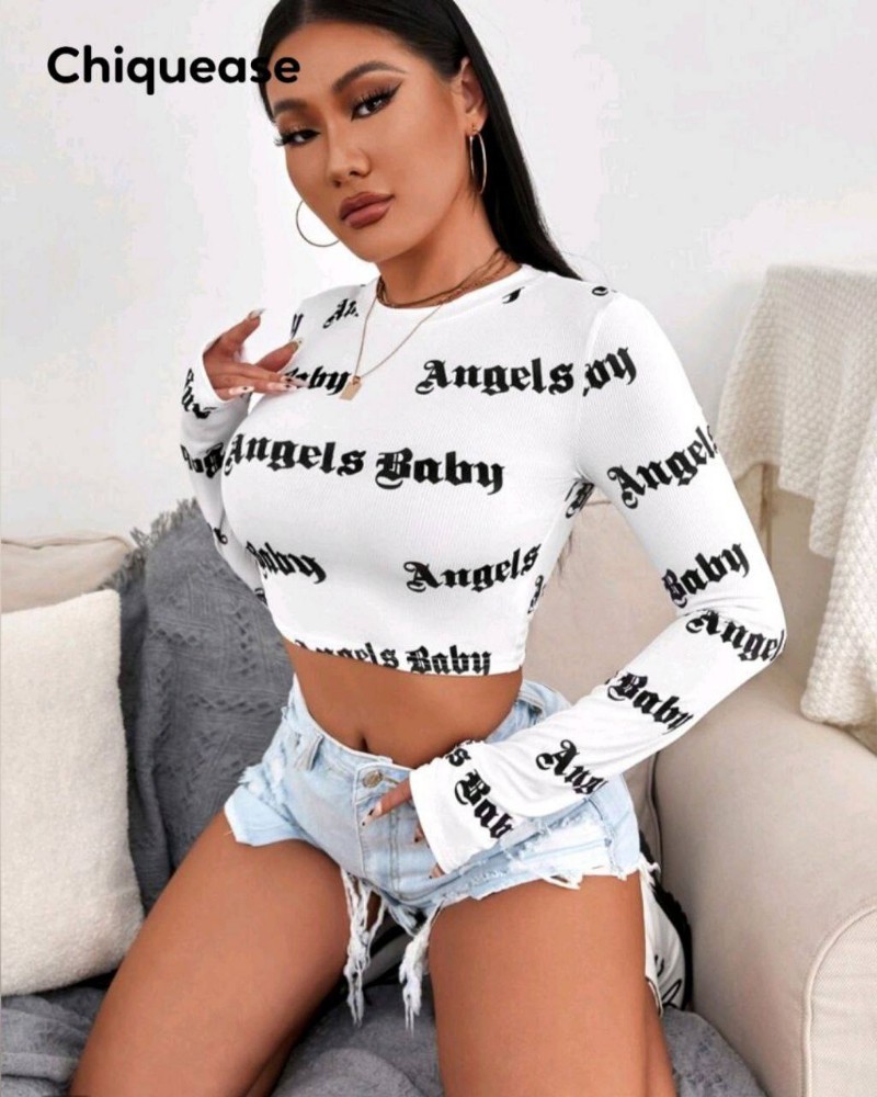 کراپ استین فینگر حروفی کد 137406 - خرید تاپ و تیشرت زنانه عمده