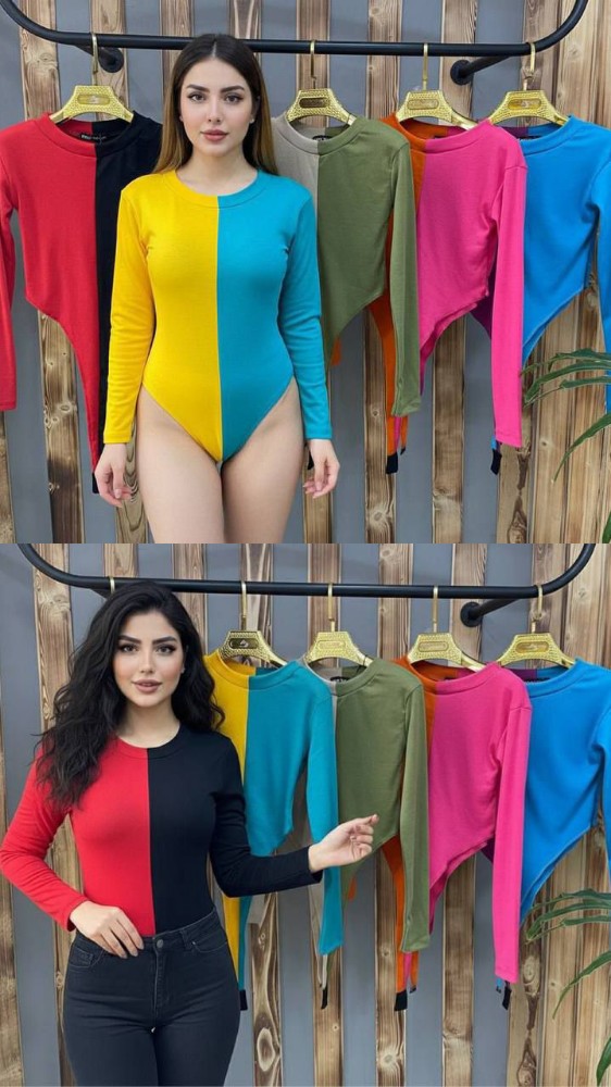 بادی آستین بلند از وسط دو رنگ کد 138297 - خرید بلوز تک زنانه عمده