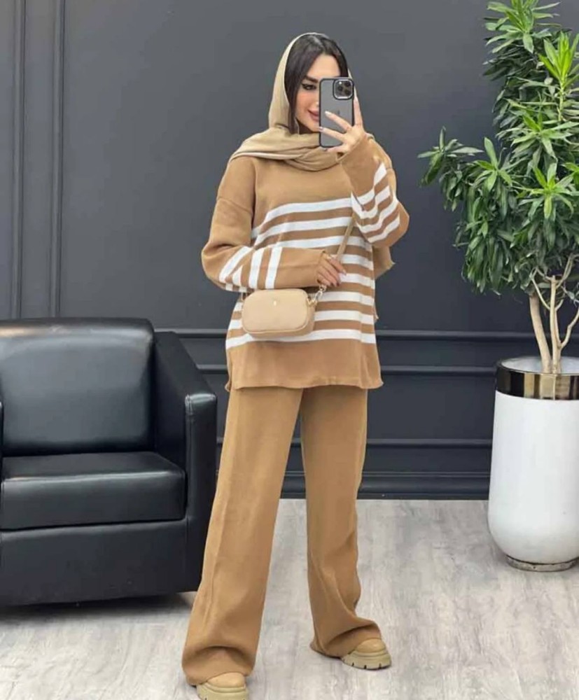 ست بافت شلوار بگ راه راه کد 135836 - خرید ست بلوز شلوار زنانه عمده